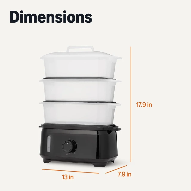 Alt view image 5 of 5 - Electric Food Steamer for Cooking Vegetables, 3-Tier Design, 60-Minute Timer with Auto Shutoff, Easy Water Refill System, BPA-Free, 9.5 QT, Black