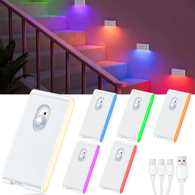 Main image of Stair Lights Indoor, RGB & Warm White Motion Sensor Night Light, Color Changing Motion Sensor Light Indoor, Rechargeable Night Light for Stair,Hallway,Bathroom,Cabinet,Closet,Kitchen,6 Pack