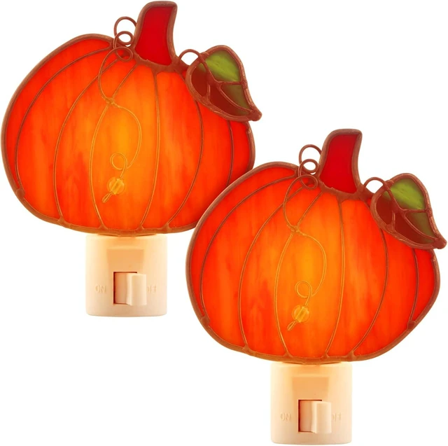 Main image of 2 Pcs Stained Glass Pumpkin Night Light Plug in Wall