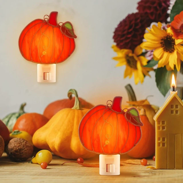 Alt view image 4 of 6 - 2 Pcs Stained Glass Pumpkin Night Light Plug in Wall