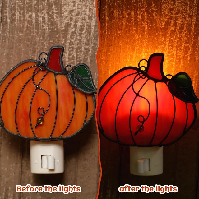 Alt view image 3 of 6 - 2 Pcs Stained Glass Pumpkin Night Light Plug in Wall