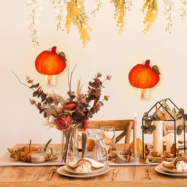 Alt view image 6 of 6 - 2 Pcs Stained Glass Pumpkin Night Light Plug in Wall