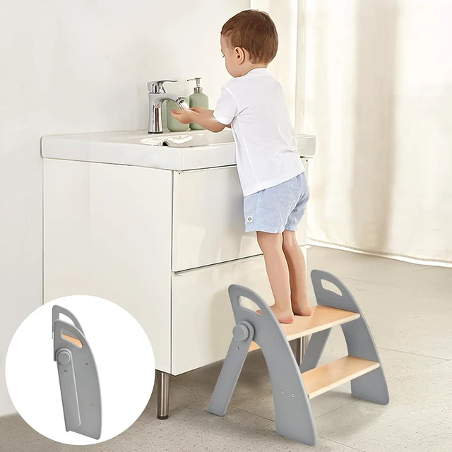 Main image of Wooden 2 Step Stool for Kids Bathroom Sink Foldable Anti-Slip 2-Step for Toilet Potty Training, Child Stepping Stool for Kitchen Nursery Bedroom, Sturdy Non Slip Adult Stool for Closet Grey