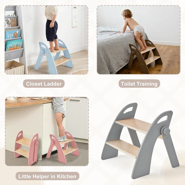 Alt view image 2 of 5 - Wooden 2 Step Stool for Kids Bathroom Sink Foldable Anti-Slip 2-Step for Toilet Potty Training, Child Stepping Stool for Kitchen Nursery Bedroom, Sturdy Non Slip Adult Stool for Closet Grey