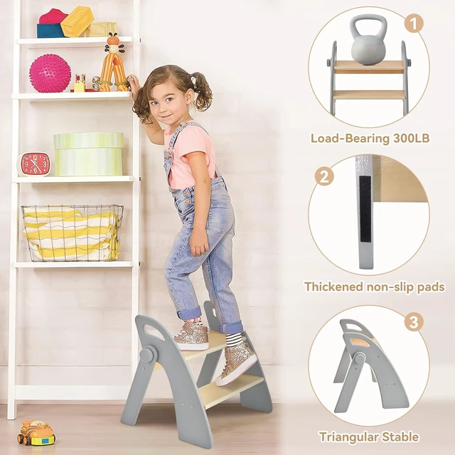 Alt view image 3 of 5 - Wooden 2 Step Stool for Kids Bathroom Sink Foldable Anti-Slip 2-Step for Toilet Potty Training, Child Stepping Stool for Kitchen Nursery Bedroom, Sturdy Non Slip Adult Stool for Closet Grey