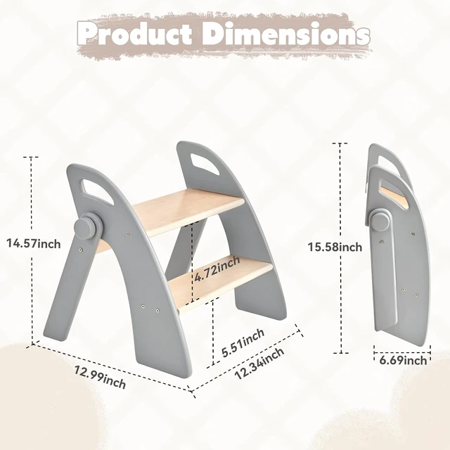 Alt view image 4 of 5 - Wooden 2 Step Stool for Kids Bathroom Sink Foldable Anti-Slip 2-Step for Toilet Potty Training, Child Stepping Stool for Kitchen Nursery Bedroom, Sturdy Non Slip Adult Stool for Closet Grey