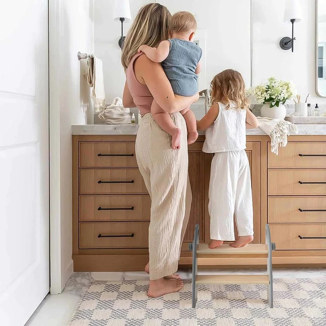 Alt view image 5 of 5 - Wooden 2 Step Stool for Kids Bathroom Sink Foldable Anti-Slip 2-Step for Toilet Potty Training, Child Stepping Stool for Kitchen Nursery Bedroom, Sturdy Non Slip Adult Stool for Closet Grey
