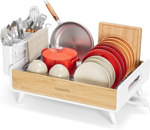 Main image of Bamboo Dish Drying Rack for Kitchen Counter, Stainless Steel,White