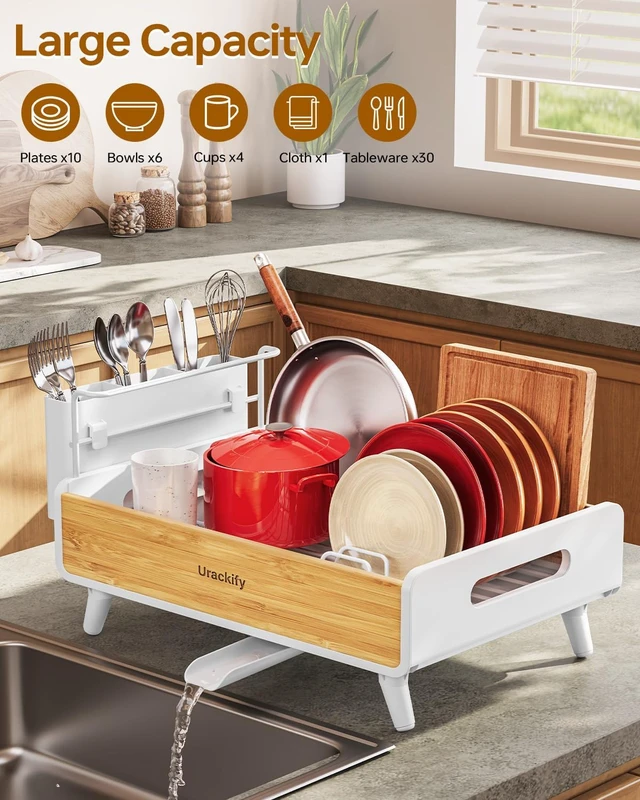 Alt view image 2 of 7 - Bamboo Dish Drying Rack for Kitchen Counter, Stainless Steel,White