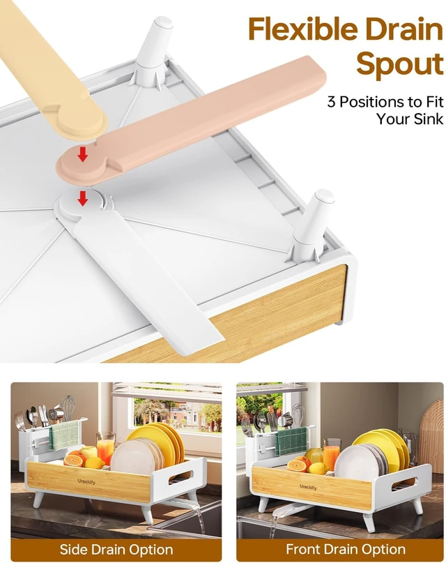 Alt view image 3 of 7 - Bamboo Dish Drying Rack for Kitchen Counter, Stainless Steel,White