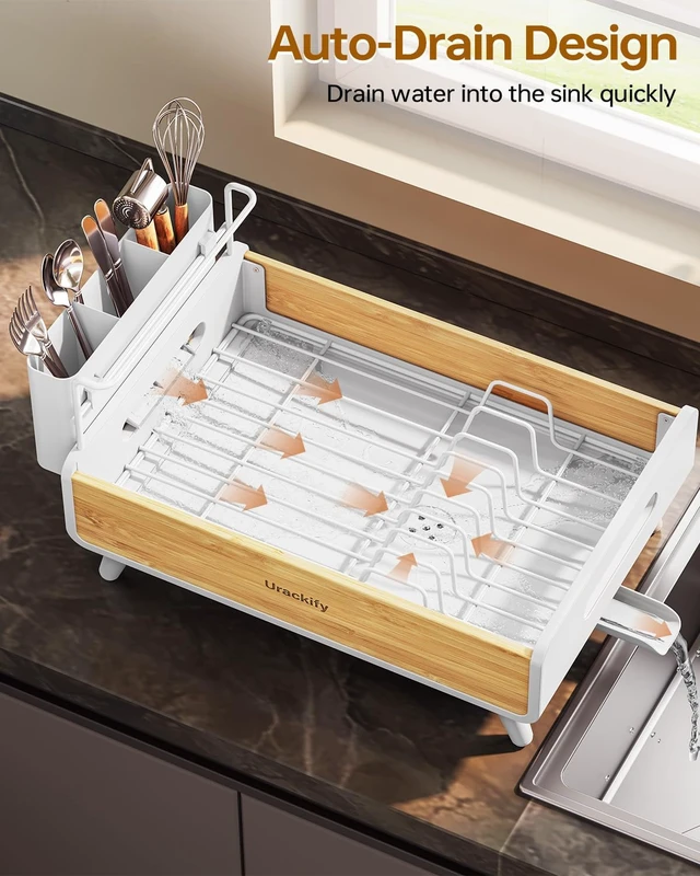 Alt view image 4 of 7 - Bamboo Dish Drying Rack for Kitchen Counter, Stainless Steel,White