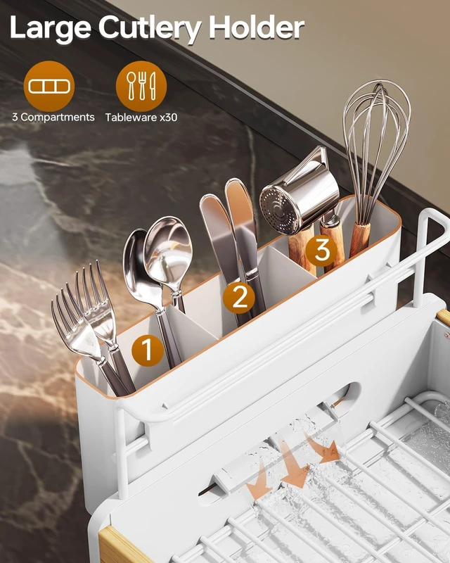 Alt view image 5 of 7 - Bamboo Dish Drying Rack for Kitchen Counter, Stainless Steel,White