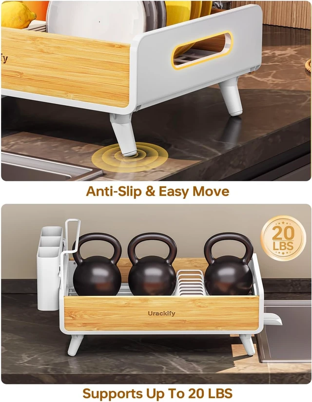 Alt view image 6 of 7 - Bamboo Dish Drying Rack for Kitchen Counter, Stainless Steel,White
