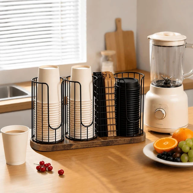 Alt view image 7 of 7 - Coffee Cup and Lid Holder, Cup Dispenser with Straw Holder