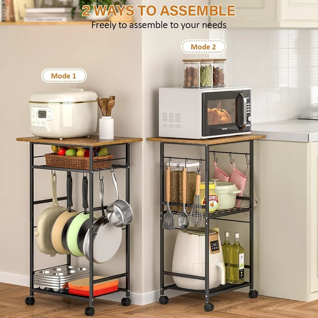 Alt view image 2 of 5 - Rolling Kitchen Microwave Cart, 3 Tier Microwave Table Stand with Adjustable Shelf, Kitchen Storage Rack on Wheels, Coffee Station Cart Rack Shelf Organizer for Living Room Office, Balcony