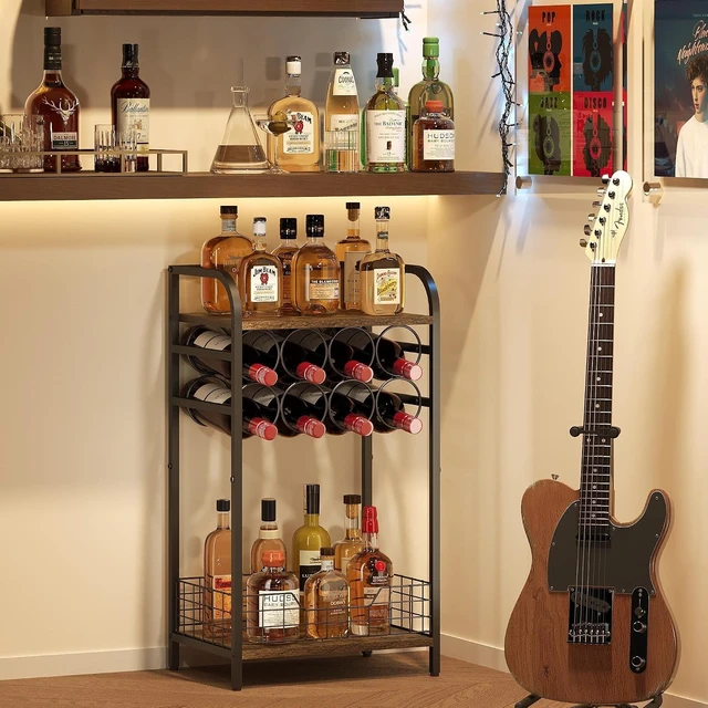 Alt view image 2 of 7 - 3-Tier Wine Rack Freestanding Floor Cabinet Corner Bar Cabinet Bar Cart,12 Individual Wine Storage Bottle Compartments Corner Bar Cabinet Holder,Wood + Black Frame Liquor Cabinet