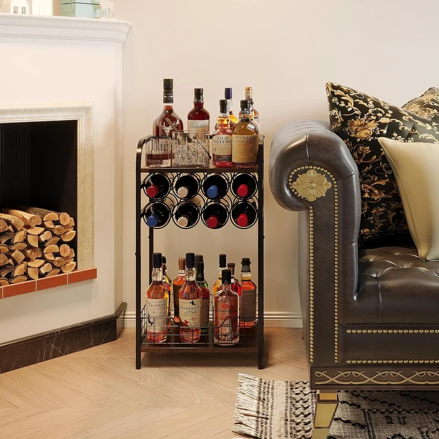 Alt view image 3 of 7 - 3-Tier Wine Rack Freestanding Floor Cabinet Corner Bar Cabinet Bar Cart,12 Individual Wine Storage Bottle Compartments Corner Bar Cabinet Holder,Wood + Black Frame Liquor Cabinet