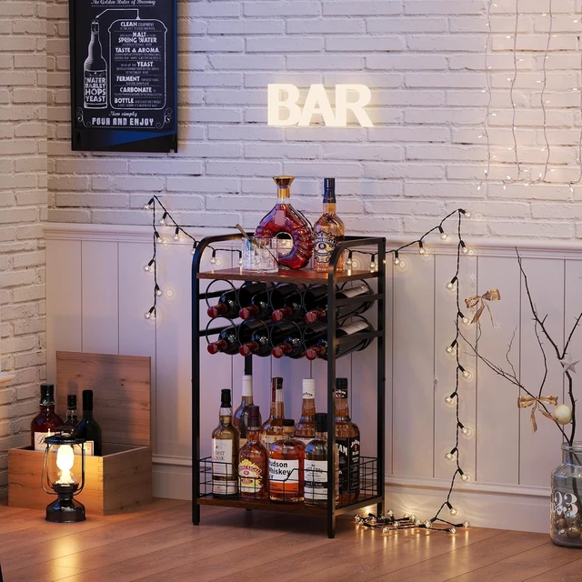Alt view image 4 of 7 - 3-Tier Wine Rack Freestanding Floor Cabinet Corner Bar Cabinet Bar Cart,12 Individual Wine Storage Bottle Compartments Corner Bar Cabinet Holder,Wood + Black Frame Liquor Cabinet