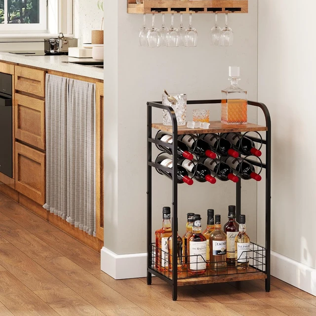 Alt view image 5 of 7 - 3-Tier Wine Rack Freestanding Floor Cabinet Corner Bar Cabinet Bar Cart,12 Individual Wine Storage Bottle Compartments Corner Bar Cabinet Holder,Wood + Black Frame Liquor Cabinet