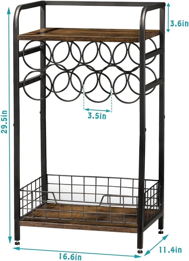 Alt view image 7 of 7 - 3-Tier Wine Rack Freestanding Floor Cabinet Corner Bar Cabinet Bar Cart,12 Individual Wine Storage Bottle Compartments Corner Bar Cabinet Holder,Wood + Black Frame Liquor Cabinet