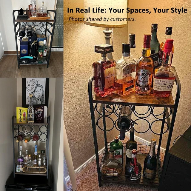 Alt view image 6 of 7 - 3-Tier Wine Rack Freestanding Floor Cabinet Corner Bar Cabinet Bar Cart,12 Individual Wine Storage Bottle Compartments Corner Bar Cabinet Holder,Wood + Black Frame Liquor Cabinet