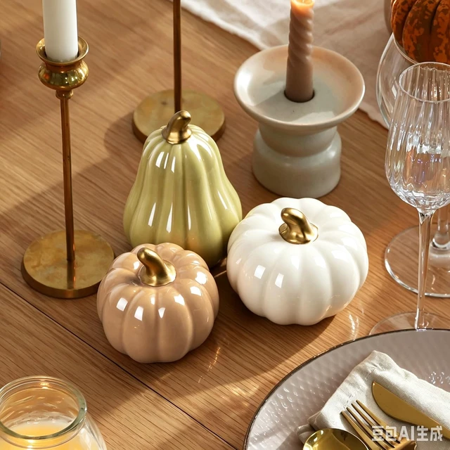 Alt view image 4 of 6 - Modern Ceramic Pumpkins Fall Decor Indoor, Cozy Farmhouse Tabletop Decorations, Artificial Pumpkins Decor for Fall Table Runner, Office, Holiday Party Home, Set of 3 Neutral Tones