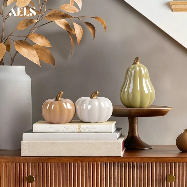 Alt view image 5 of 6 - Modern Ceramic Pumpkins Fall Decor Indoor, Cozy Farmhouse Tabletop Decorations, Artificial Pumpkins Decor for Fall Table Runner, Office, Holiday Party Home, Set of 3 Neutral Tones