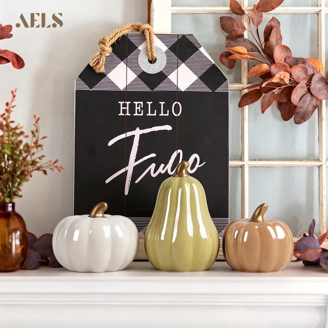 Alt view image 6 of 6 - Modern Ceramic Pumpkins Fall Decor Indoor, Cozy Farmhouse Tabletop Decorations, Artificial Pumpkins Decor for Fall Table Runner, Office, Holiday Party Home, Set of 3 Neutral Tones