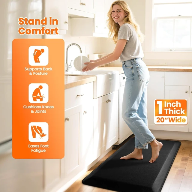 Alt view image 5 of 7 - 1-Inch Thick Anti-Fatigue Mat for Kitchen and Standing Desk, 20"x32", Black