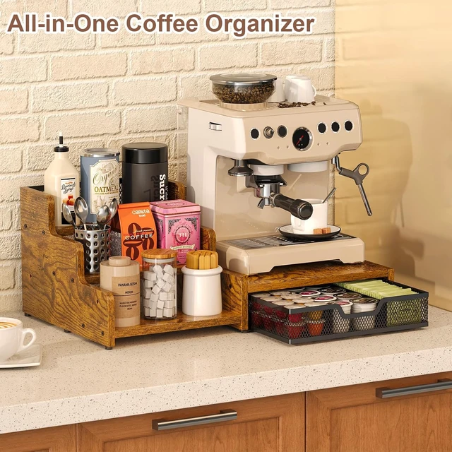 Alt view image 2 of 7 - Coffee Station Organizer with K Cup Holder, 28 Pod Capacity,3-Tier Syrup Rack with Coffee Pod Holder Drawer, Coffee Bar organizer Countertop for Accessories,Rustic Brown