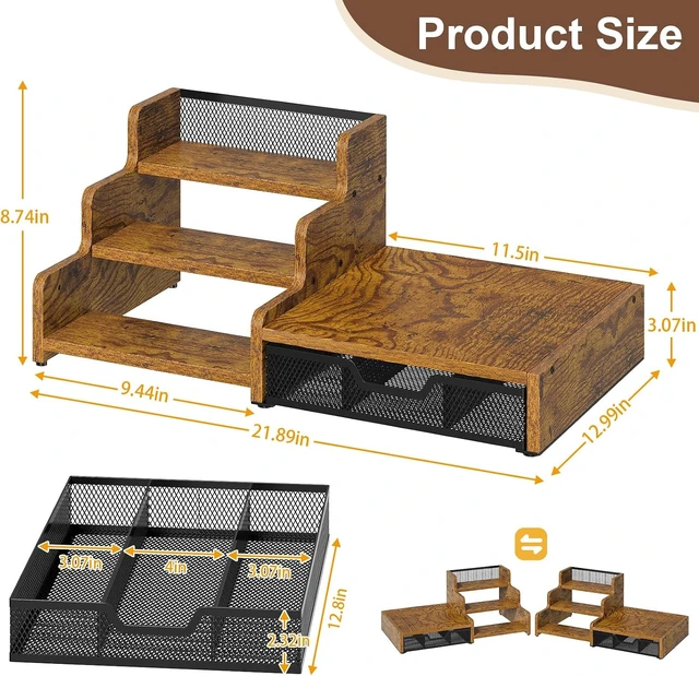Alt view image 3 of 7 - Coffee Station Organizer with K Cup Holder, 28 Pod Capacity,3-Tier Syrup Rack with Coffee Pod Holder Drawer, Coffee Bar organizer Countertop for Accessories,Rustic Brown