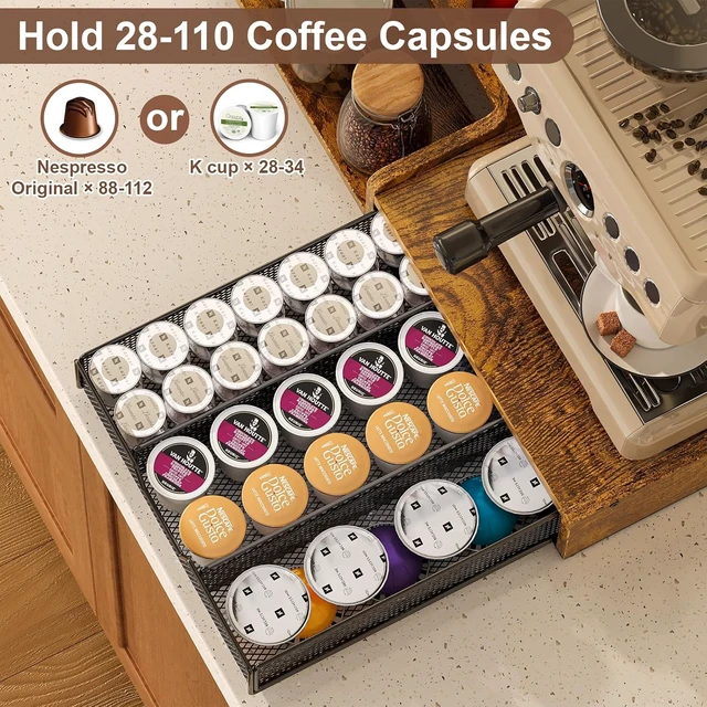 Alt view image 5 of 7 - Coffee Station Organizer with K Cup Holder, 28 Pod Capacity,3-Tier Syrup Rack with Coffee Pod Holder Drawer, Coffee Bar organizer Countertop for Accessories,Rustic Brown