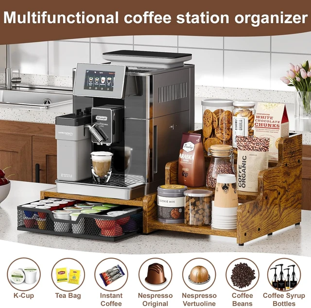 Alt view image 4 of 7 - Coffee Station Organizer with K Cup Holder, 28 Pod Capacity,3-Tier Syrup Rack with Coffee Pod Holder Drawer, Coffee Bar organizer Countertop for Accessories,Rustic Brown