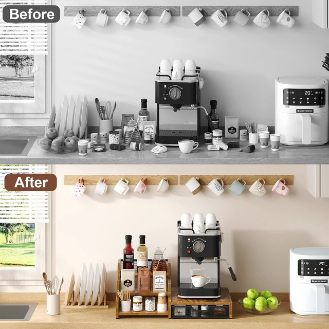Alt view image 6 of 7 - Coffee Station Organizer with K Cup Holder, 28 Pod Capacity,3-Tier Syrup Rack with Coffee Pod Holder Drawer, Coffee Bar organizer Countertop for Accessories,Rustic Brown