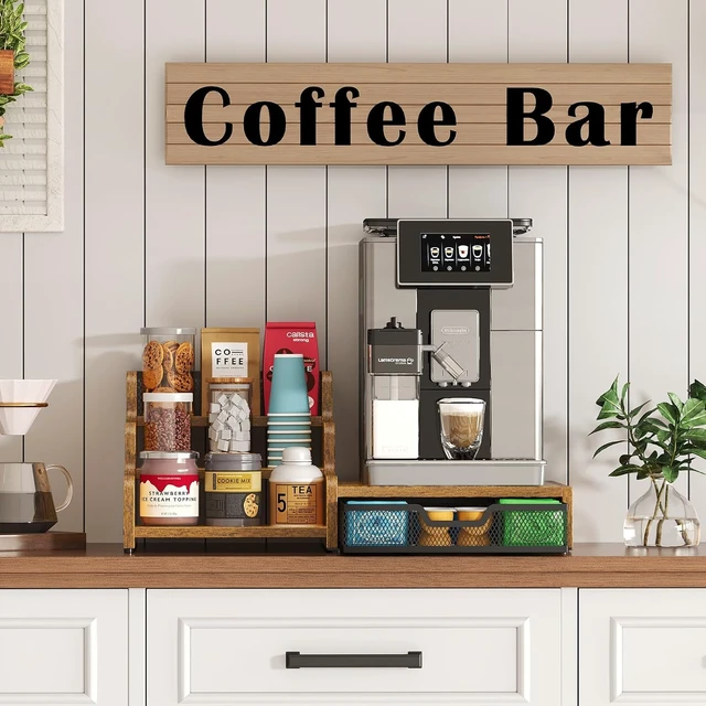 Alt view image 7 of 7 - Coffee Station Organizer with K Cup Holder, 28 Pod Capacity,3-Tier Syrup Rack with Coffee Pod Holder Drawer, Coffee Bar organizer Countertop for Accessories,Rustic Brown