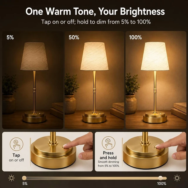 Alt view image 6 of 7 - Rechargeable Cordless Table Lamp, Nightstand to End Table,Gold,1 Pack
