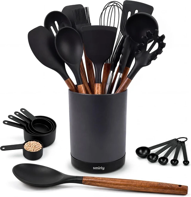 Main image of Silicone Kitchen Utensils Set, 22-Piece Acacia Wood Handle, Black