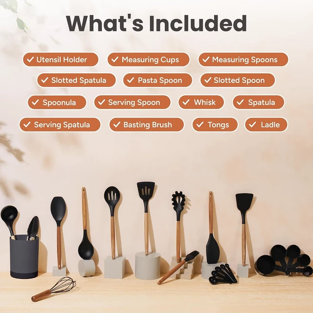 Alt view image 2 of 7 - Silicone Kitchen Utensils Set, 22-Piece Acacia Wood Handle, Black
