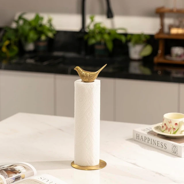 Alt view image 7 of 7 - Luxurious Gold Paper Towel Holder Countertop, Brass Paper Towel Holder for Kitchen, Unique Gold Bird Decor - Sturdy, Durable, and Elegant Home Decor for Kitchen