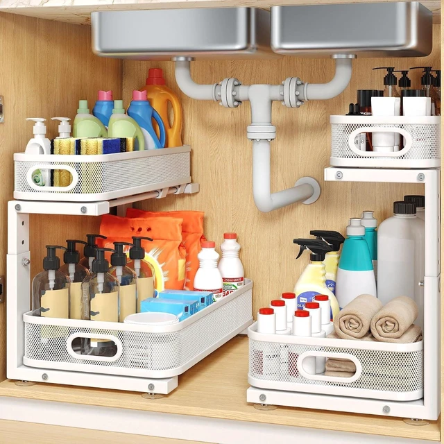 Main image of 2 Pack Under Sink Organizer With Smooth Cylindrical Rail,2-Tier Pull Out Multi-Purpose Cabinet Storage for Bathroom&Kitchen,Height Adjustable,Rust-resistant Coating-White