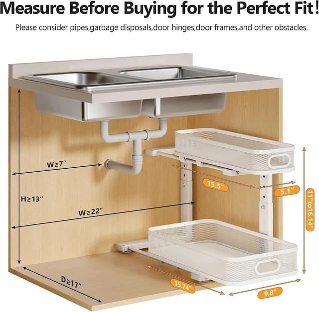 Alt view image 2 of 7 - 2 Pack Under Sink Organizer With Smooth Cylindrical Rail,2-Tier Pull Out Multi-Purpose Cabinet Storage for Bathroom&Kitchen,Height Adjustable,Rust-resistant Coating-White