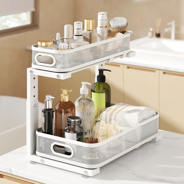 Alt view image 4 of 7 - 2 Pack Under Sink Organizer With Smooth Cylindrical Rail,2-Tier Pull Out Multi-Purpose Cabinet Storage for Bathroom&Kitchen,Height Adjustable,Rust-resistant Coating-White
