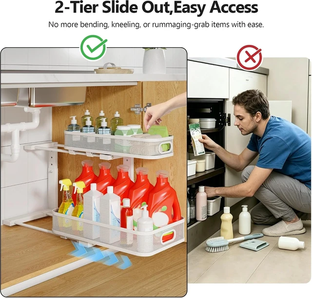 Alt view image 3 of 7 - 2 Pack Under Sink Organizer With Smooth Cylindrical Rail,2-Tier Pull Out Multi-Purpose Cabinet Storage for Bathroom&Kitchen,Height Adjustable,Rust-resistant Coating-White
