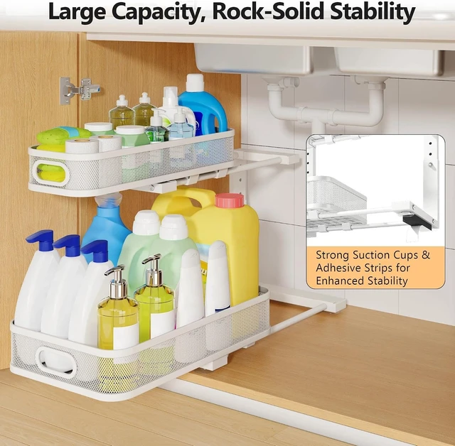 Alt view image 6 of 7 - 2 Pack Under Sink Organizer With Smooth Cylindrical Rail,2-Tier Pull Out Multi-Purpose Cabinet Storage for Bathroom&Kitchen,Height Adjustable,Rust-resistant Coating-White