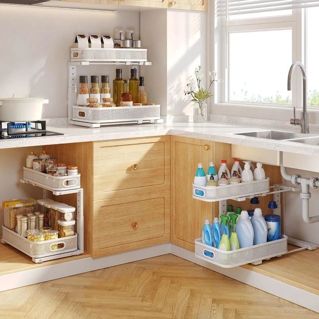 Alt view image 7 of 7 - 2 Pack Under Sink Organizer With Smooth Cylindrical Rail,2-Tier Pull Out Multi-Purpose Cabinet Storage for Bathroom&Kitchen,Height Adjustable,Rust-resistant Coating-White