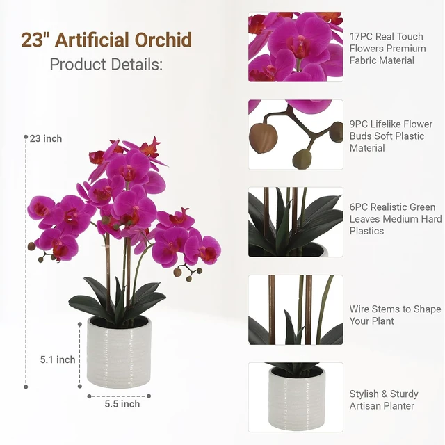 Alt view image 2 of 7 - Faux Orchid Plant 23" Tall, Realistic Touch Leaves, Potted Phalaenopsis Artificial Plants Indoor for Home Decor Small Office Home Living Room-Dark Pink