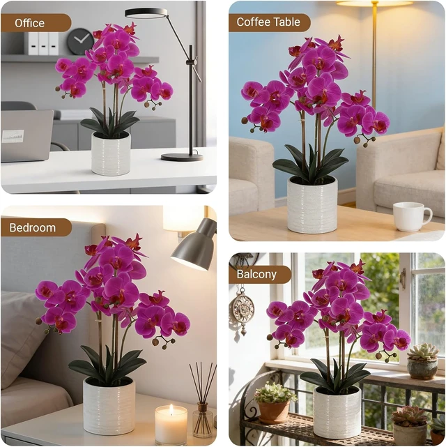 Alt view image 3 of 7 - Faux Orchid Plant 23" Tall, Realistic Touch Leaves, Potted Phalaenopsis Artificial Plants Indoor for Home Decor Small Office Home Living Room-Dark Pink