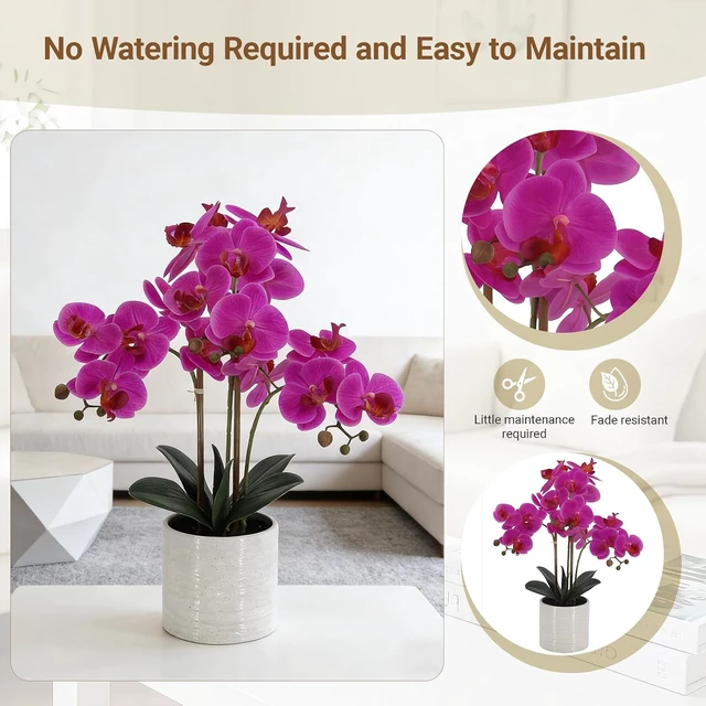 Alt view image 4 of 7 - Faux Orchid Plant 23" Tall, Realistic Touch Leaves, Potted Phalaenopsis Artificial Plants Indoor for Home Decor Small Office Home Living Room-Dark Pink