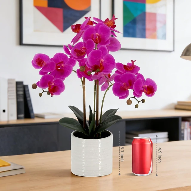 Alt view image 6 of 7 - Faux Orchid Plant 23" Tall, Realistic Touch Leaves, Potted Phalaenopsis Artificial Plants Indoor for Home Decor Small Office Home Living Room-Dark Pink