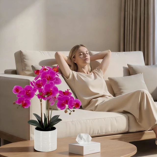 Alt view image 7 of 7 - Faux Orchid Plant 23" Tall, Realistic Touch Leaves, Potted Phalaenopsis Artificial Plants Indoor for Home Decor Small Office Home Living Room-Dark Pink